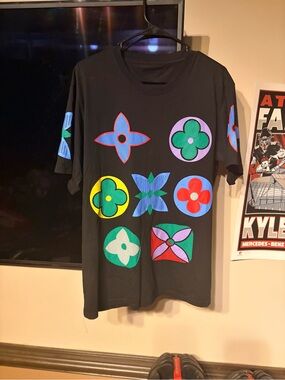 YNS Generic Black Short Sleeve Tee with Multicolor Floral Motif
